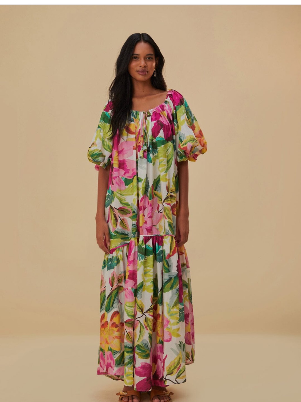 Farm Rio Tropical Floral Maxi Dress In White, Pink And Green